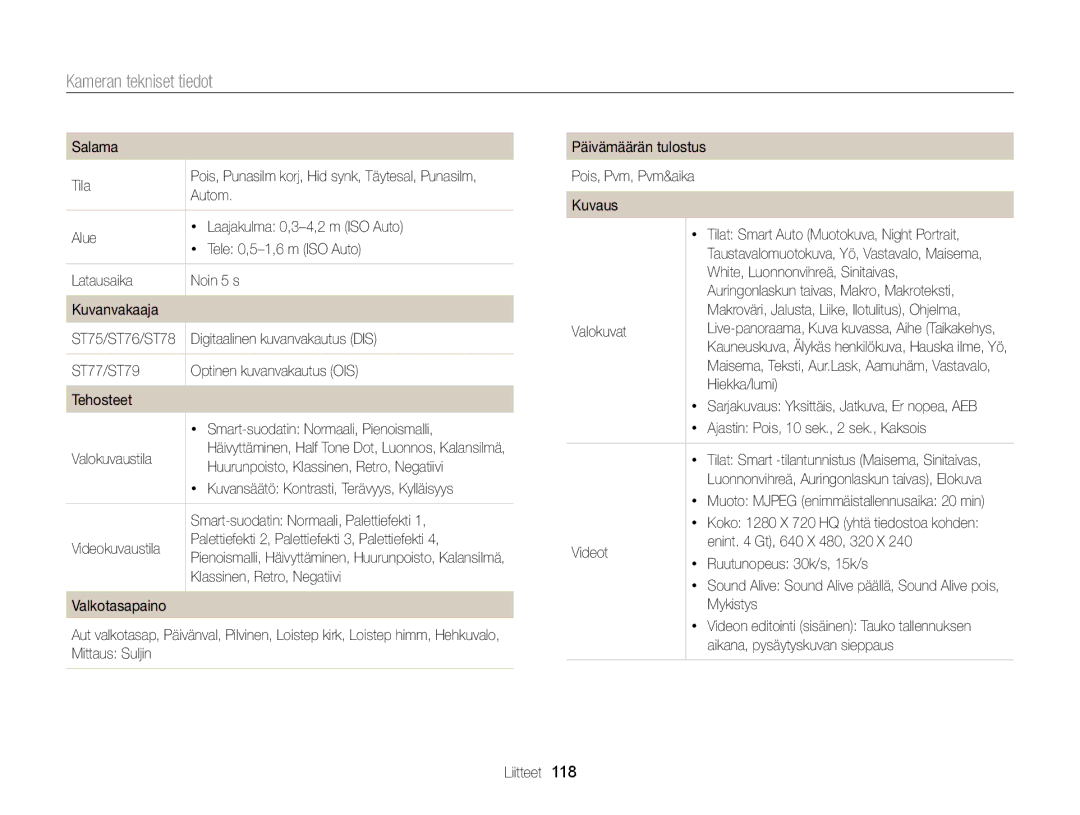 Samsung EC-ST77ZZBPRE2, EC-ST79ZZBPWE2, EC-ST76ZZFPWE2, EC-ST76ZZBPRE2, EC-ST76ZZBPSE2, EC-ST76ZZFPLE2 Kameran tekniset tiedot 