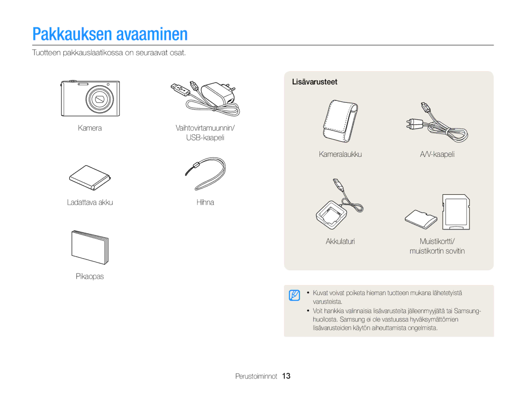 Samsung EC-ST79ZZBPWE2 manual Pakkauksen avaaminen, AkkulaturiMuistikortti/ muistikortin sovitin Pikaopas, Perustoiminnot 