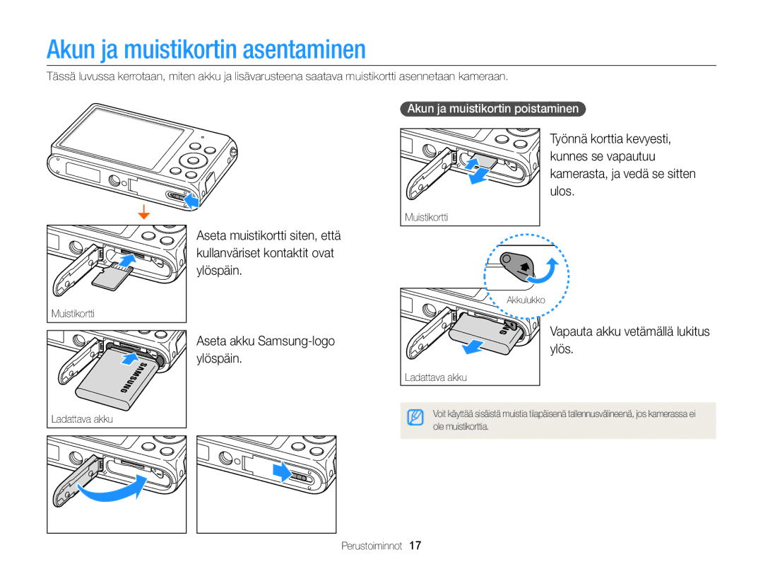 Samsung EC-ST76ZZFPLE2 manual Akun ja muistikortin asentaminen, Ulos, Vapauta akku vetämällä lukitus ylös, Muistikortti 