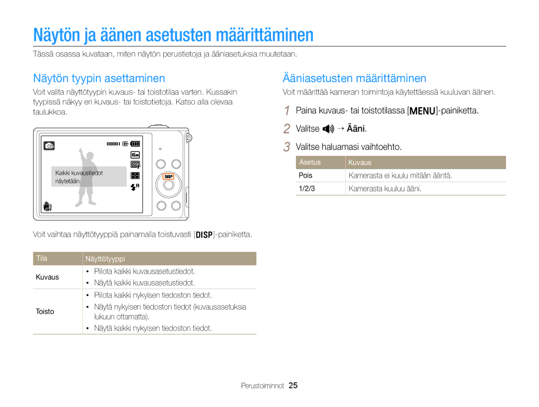 Samsung EC-ST79ZZFPWE2 Näytön ja äänen asetusten määrittäminen, Näytön tyypin asettaminen, Ääniasetusten määrittäminen 