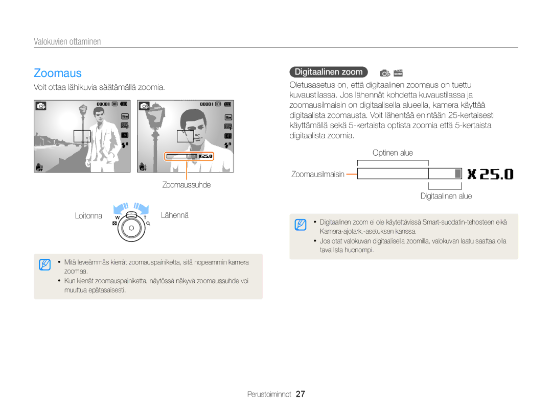 Samsung EC-ST79ZZBPWE2, EC-ST76ZZFPWE2 Zoomaus, Valokuvien ottaminen, Digitaalinen zoom, Digitaalista zoomia Optinen alue 