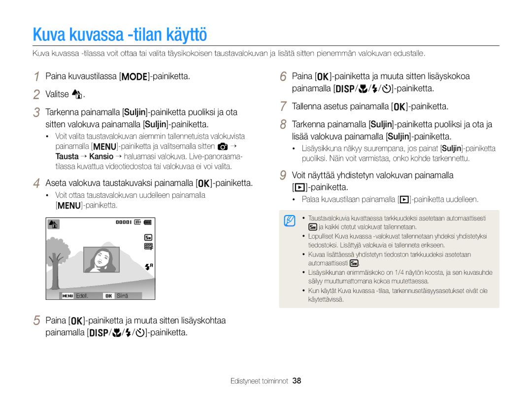 Samsung EC-ST76ZZBPLE2, EC-ST79ZZBPWE2 manual Kuva kuvassa -tilan käyttö, Paina kuvaustilassa M-painiketta Valitse d 