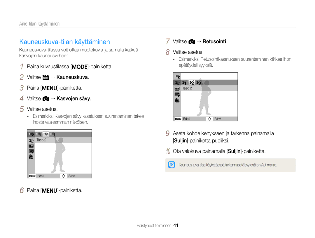 Samsung EC-ST79ZZBPWE2 manual Kauneuskuva-tilan käyttäminen, Paina m-painiketta Valitse a “ Retusointi Valitse asetus 