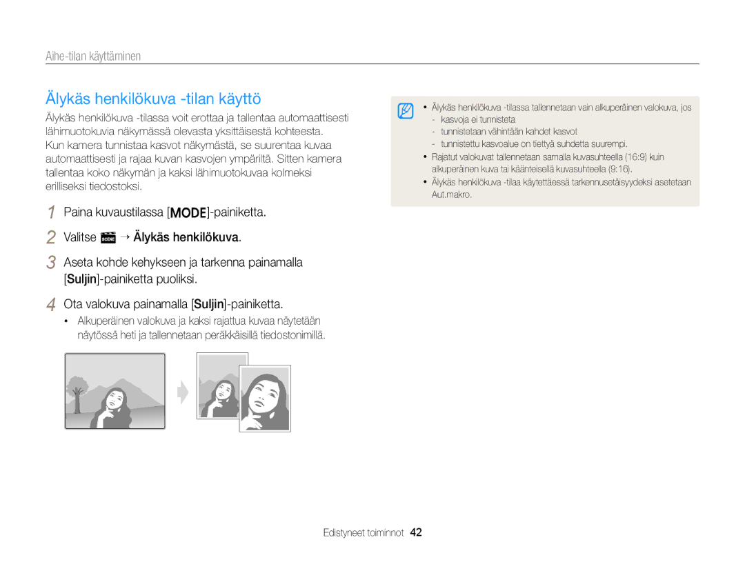 Samsung EC-ST76ZZFPWE2, EC-ST79ZZBPWE2, EC-ST76ZZBPRE2, EC-ST76ZZBPSE2, EC-ST76ZZFPLE2 manual Älykäs henkilökuva -tilan käyttö 