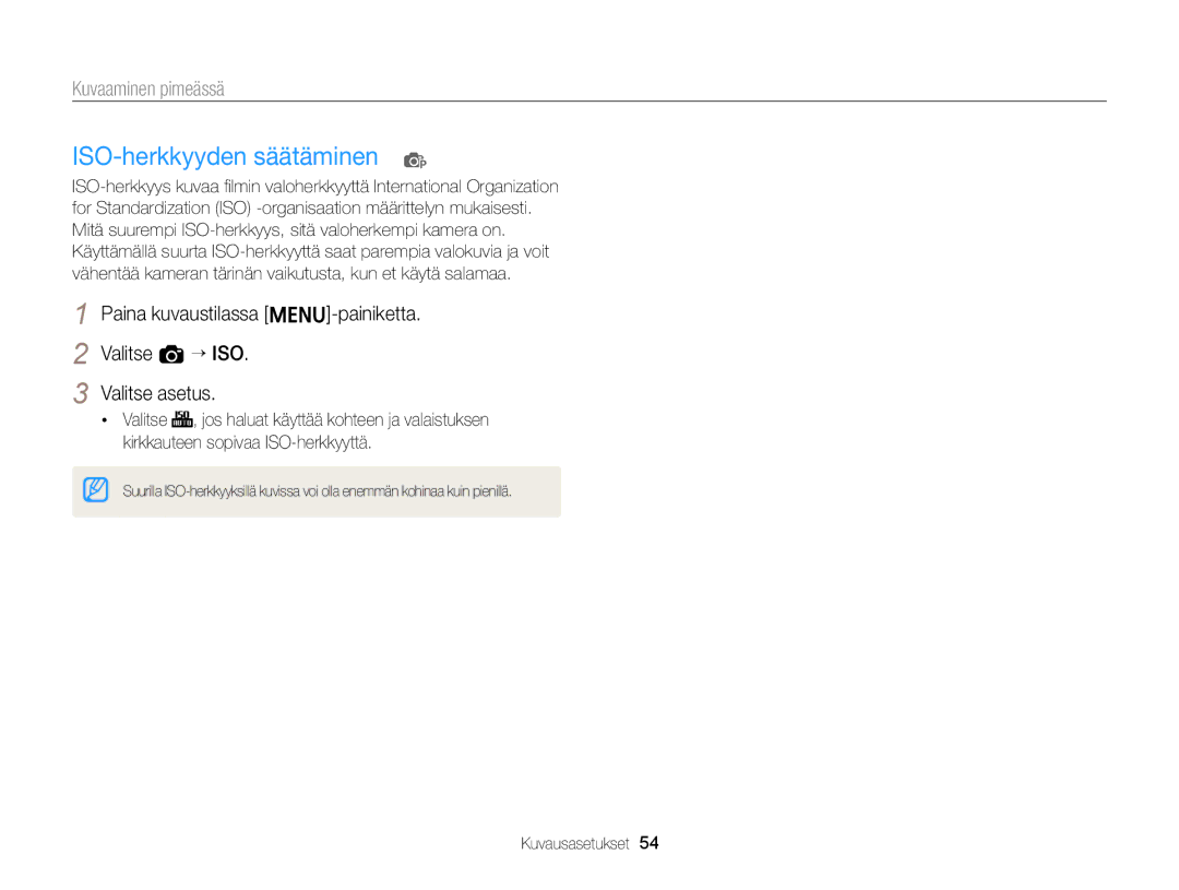 Samsung EC-ST77ZZBPBE2, EC-ST79ZZBPWE2, EC-ST76ZZFPWE2, EC-ST76ZZBPRE2, EC-ST76ZZBPSE2 manual ISO-herkkyyden säätäminen p 