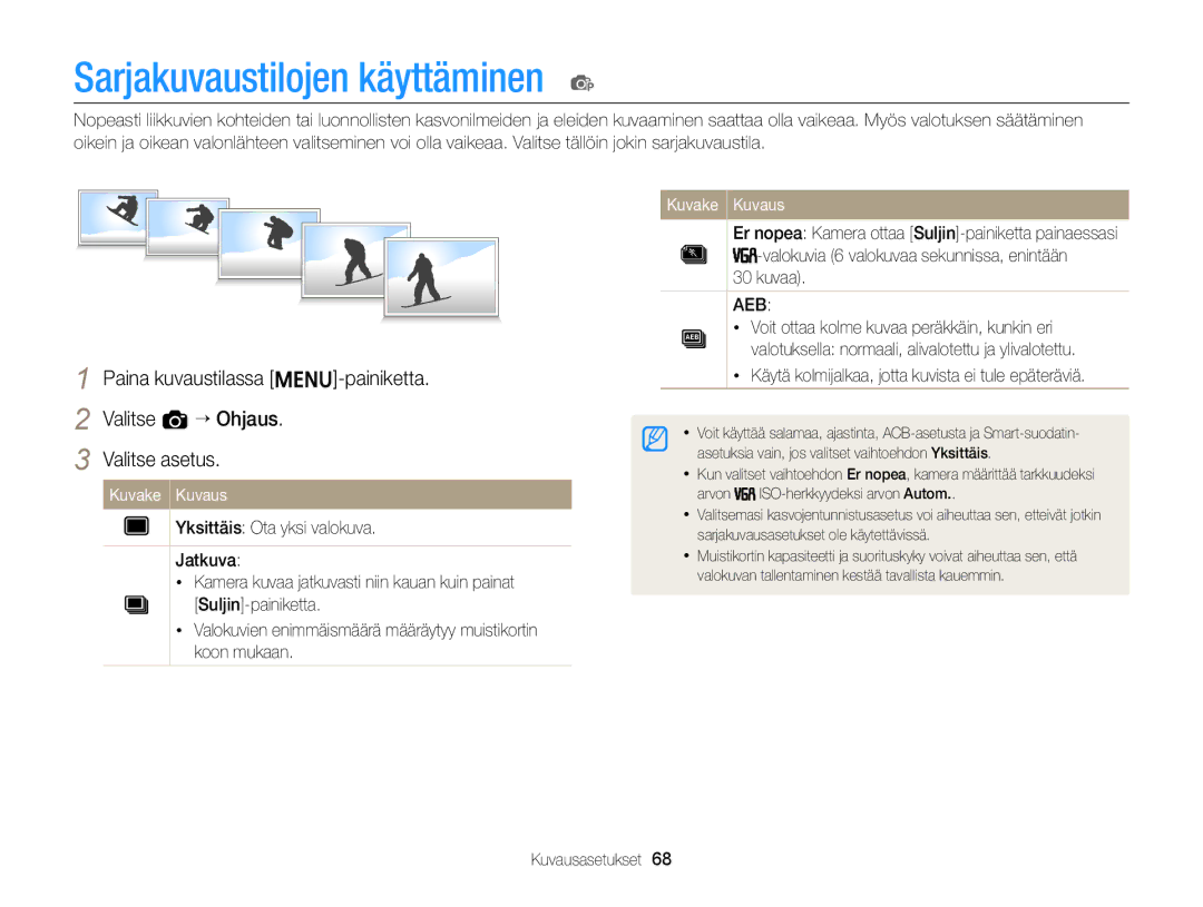 Samsung EC-ST77ZZBPBE2 manual Sarjakuvaustilojen käyttäminen p, Kuvaa, Käytä kolmijalkaa, jotta kuvista ei tule epäteräviä 