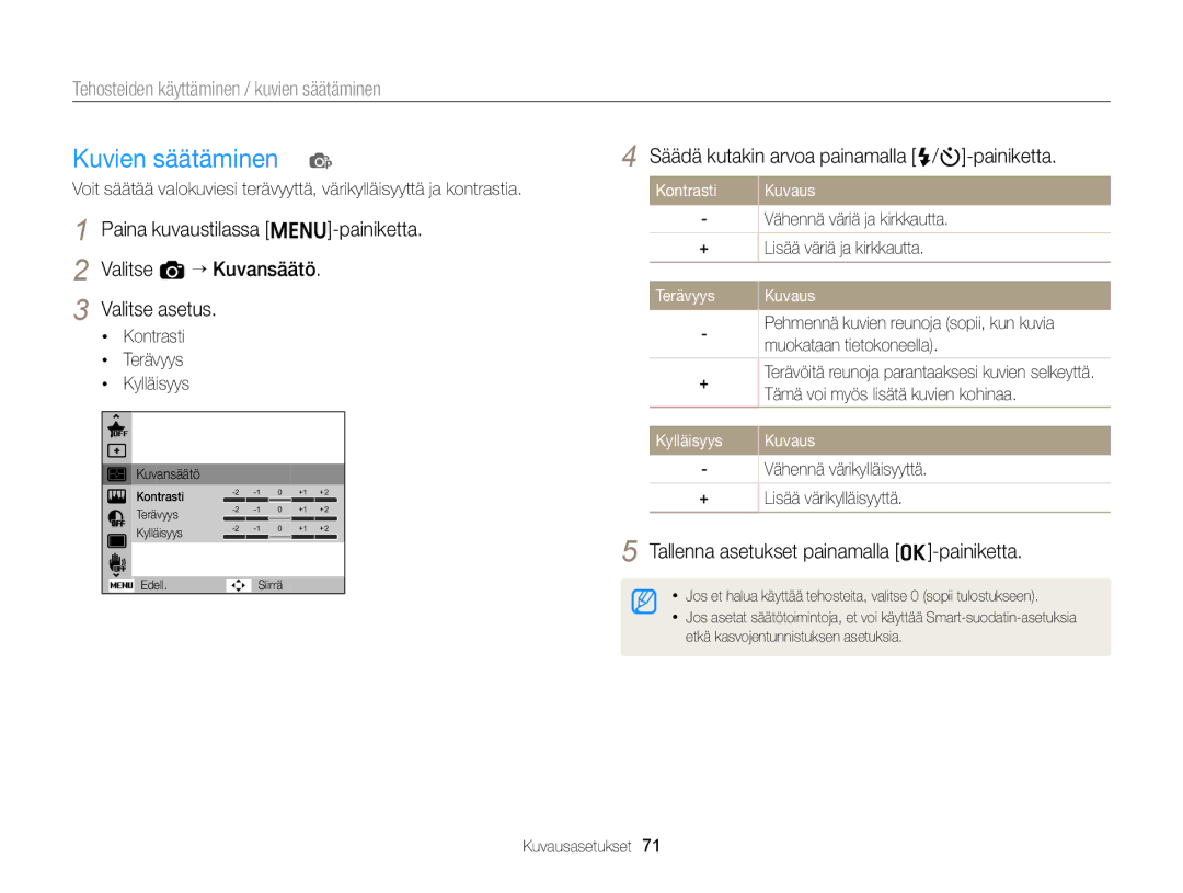 Samsung EC-ST76ZZBPRE2 manual Säädä kutakin arvoa painamalla F/t-painiketta, Kontrasti, Terävyys Kuvaus, Kylläisyys Kuvaus 