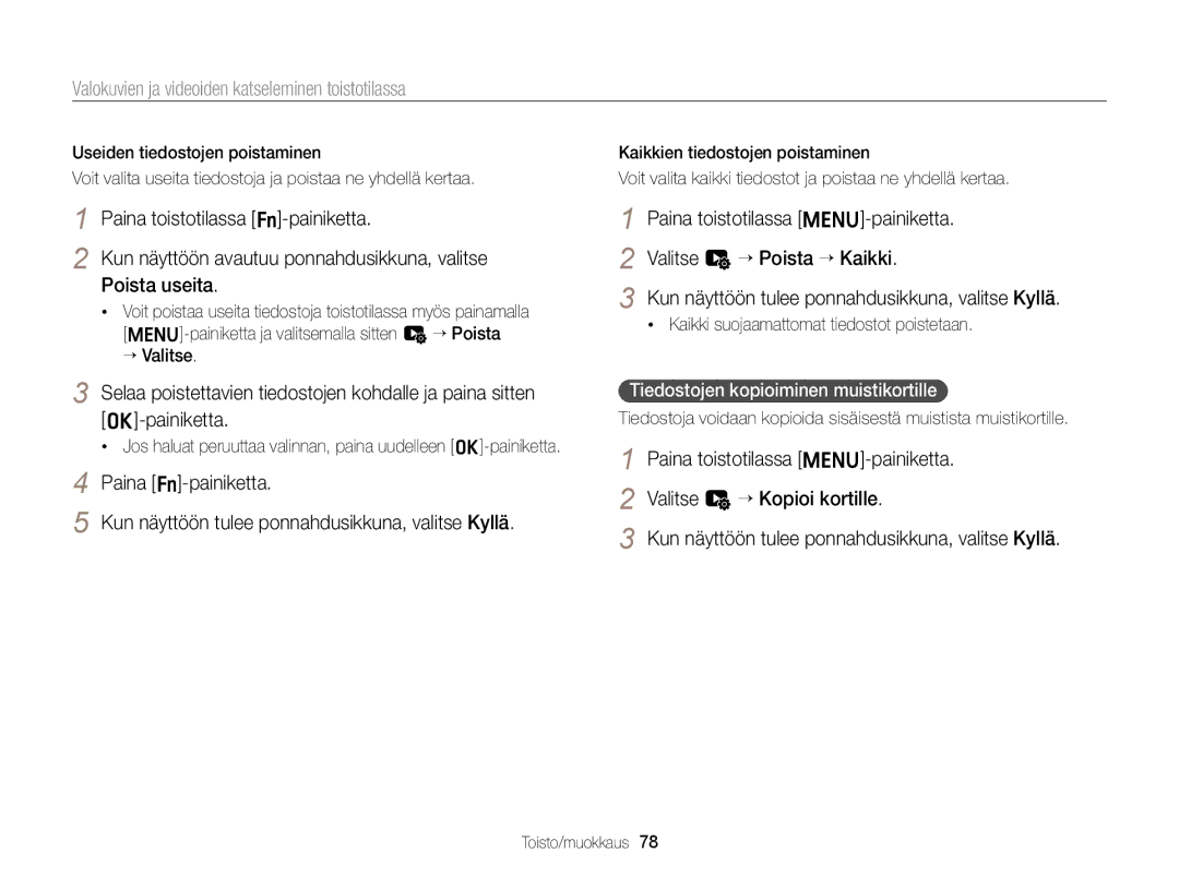 Samsung EC-ST76ZZBPWE2, EC-ST79ZZBPWE2, EC-ST76ZZFPWE2 manual Paina toistotilassa m-painiketta Valitse u “ Kopioi kortille 