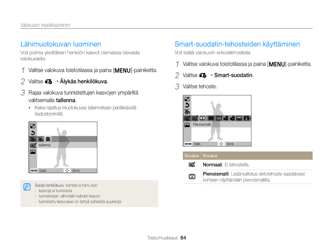 Samsung EC-ST76ZZFPWE2 manual Lähimuotokuvan luominen, Valokuvan muokkaaminen, Voit lisätä valokuviin erikoistehosteita 