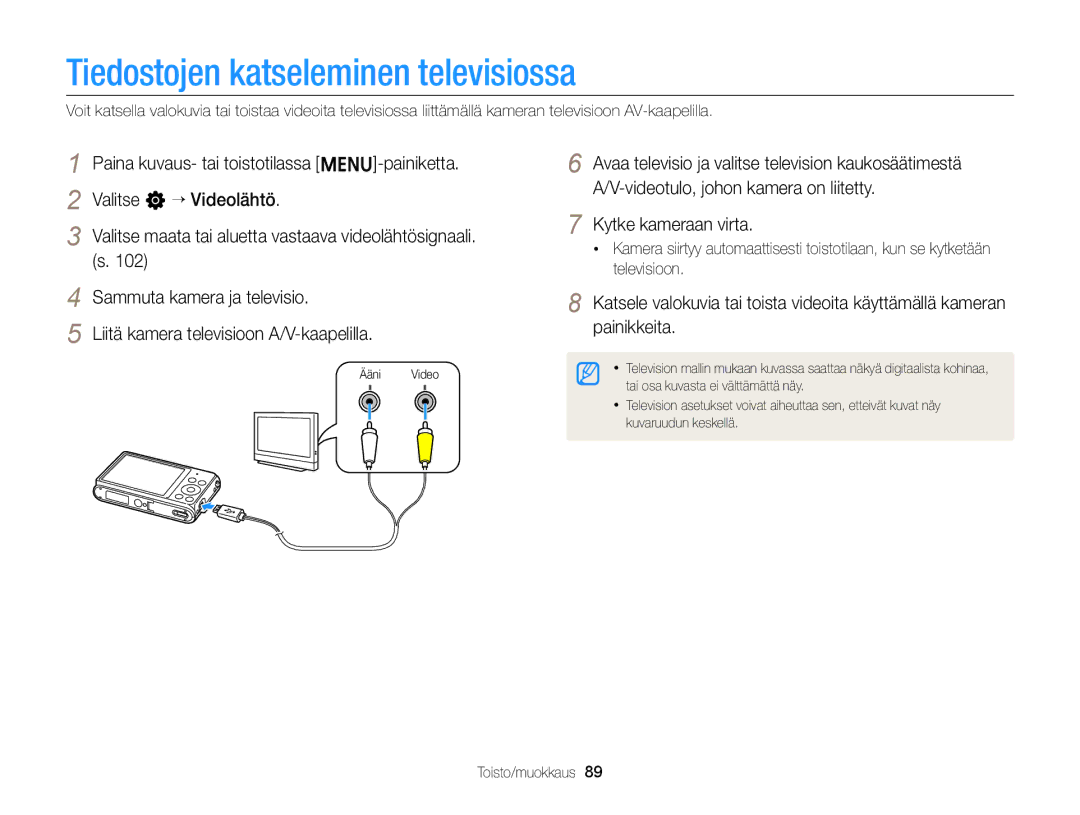 Samsung EC-ST76ZZBPBE2, EC-ST79ZZBPWE2, EC-ST76ZZFPWE2 manual Tiedostojen katseleminen televisiossa, Kytke kameraan virta 