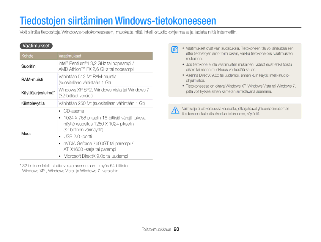 Samsung EC-ST77ZZBPRE2, EC-ST79ZZBPWE2 manual Tiedostojen siirtäminen Windows-tietokoneeseen, Kohde Vaatimukset 