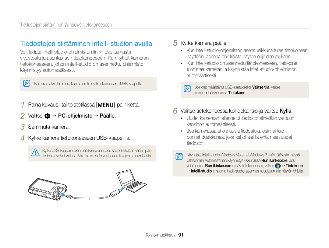 Samsung EC-ST79ZZFPBE2 Tiedostojen siirtäminen Intelli-studion avulla, Tiedostojen siirtäminen Windows-tietokoneeseen 