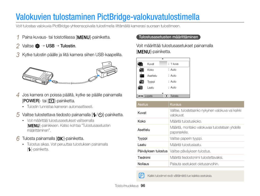 Samsung EC-ST77ZZBPBE2 manual Valokuvien tulostaminen PictBridge-valokuvatulostimella, Tulosta painamalla o-painiketta 