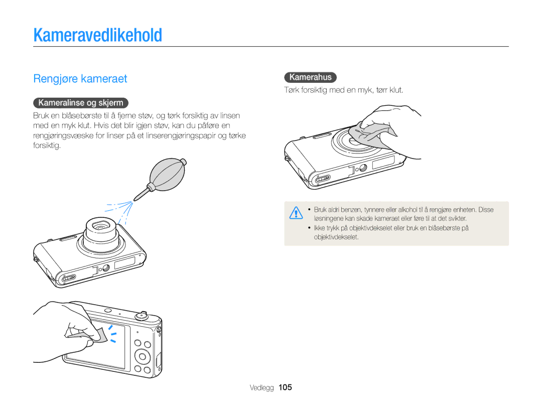 Samsung EC-ST79ZZFPBE2, EC-ST79ZZBPWE2 manual Kameravedlikehold, Rengjøre kameraet, Kameralinse og skjerm, Kamerahus 