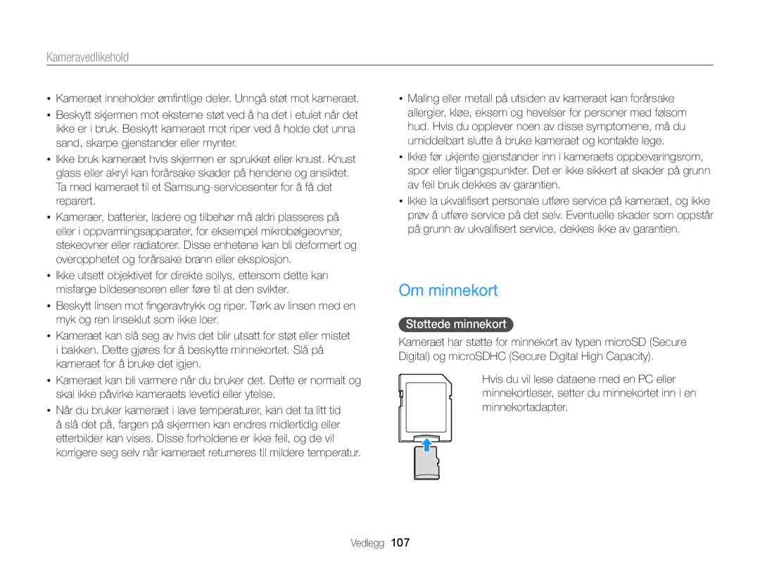 Samsung EC-ST79ZZBPBE2, EC-ST79ZZBPWE2, EC-ST76ZZFPWE2, EC-ST76ZZBPRE2, EC-ST76ZZBPSE2 manual Om minnekort, Støttede minnekort 