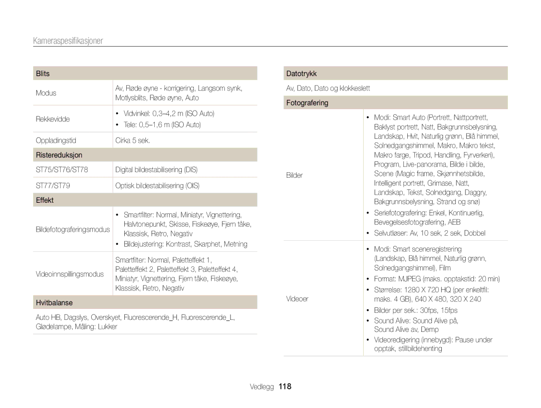Samsung EC-ST77ZZBPRE2, EC-ST79ZZBPWE2, EC-ST76ZZFPWE2, EC-ST76ZZBPRE2, EC-ST76ZZBPSE2, EC-ST76ZZFPLE2 Kameraspesiﬁkasjoner 