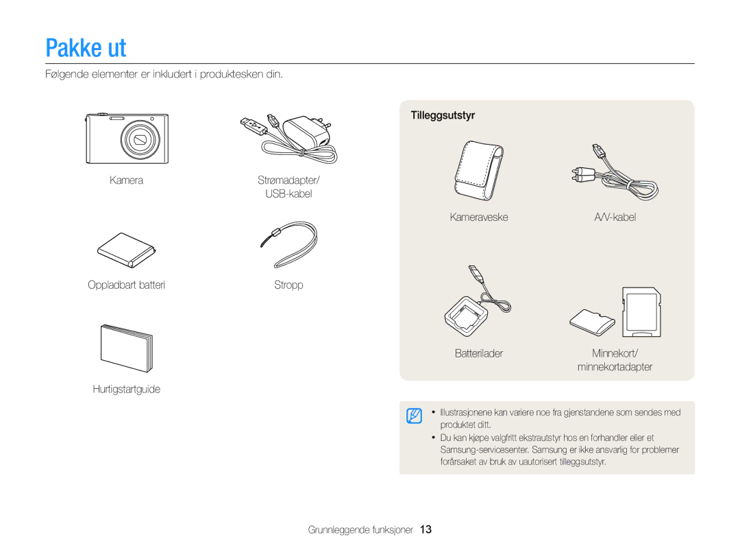 Samsung EC-ST79ZZBPWE2 manual Pakke ut, KameraveskeA/V-kabel Oppladbart batteri, Hurtigstartguide, Grunnleggende funksjoner 