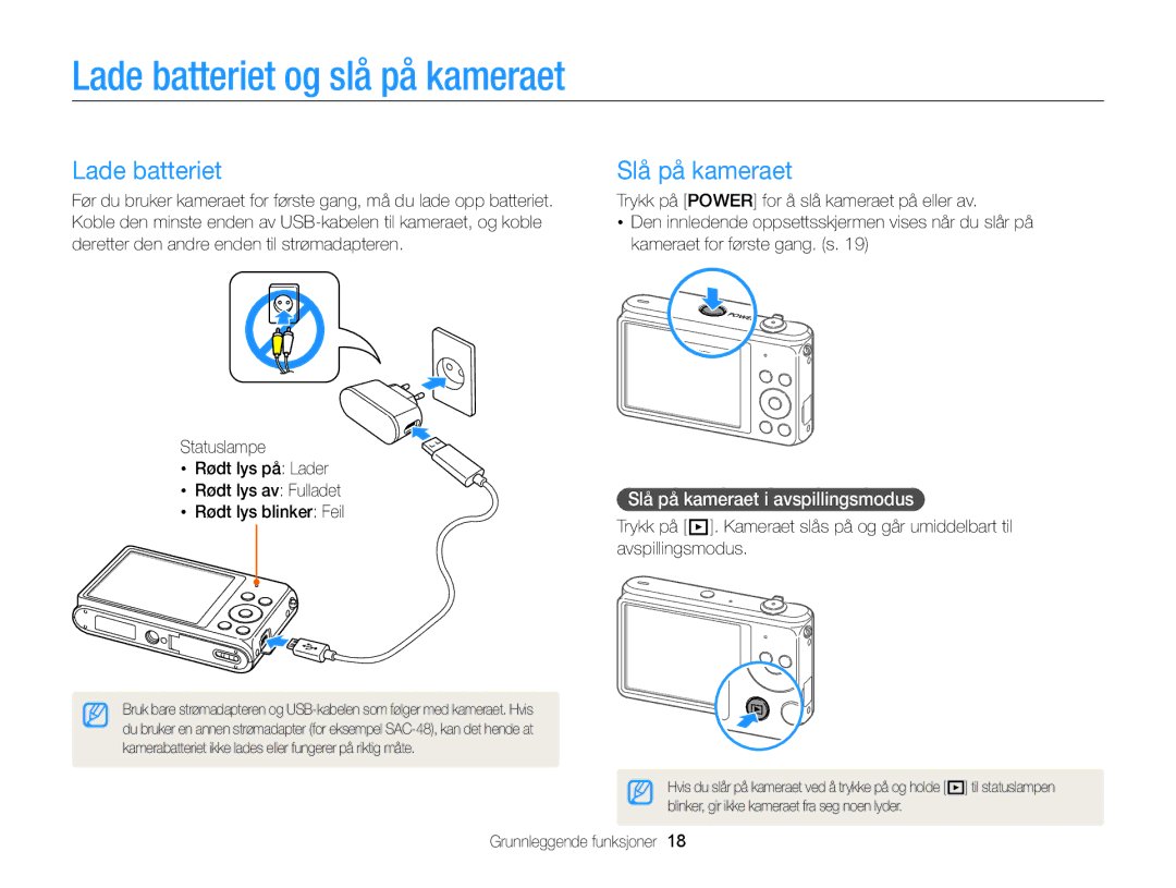 Samsung EC-ST77ZZBPWE2, EC-ST79ZZBPWE2 manual Lade batteriet og slå på kameraet, Slå på kameraet i avspillingsmodus 