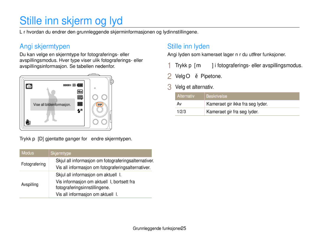 Samsung EC-ST79ZZFPWE2, EC-ST79ZZBPWE2 manual Stille inn skjerm og lyd, Angi skjermtypen, Stille inn lyden, Modus Skjermtype 