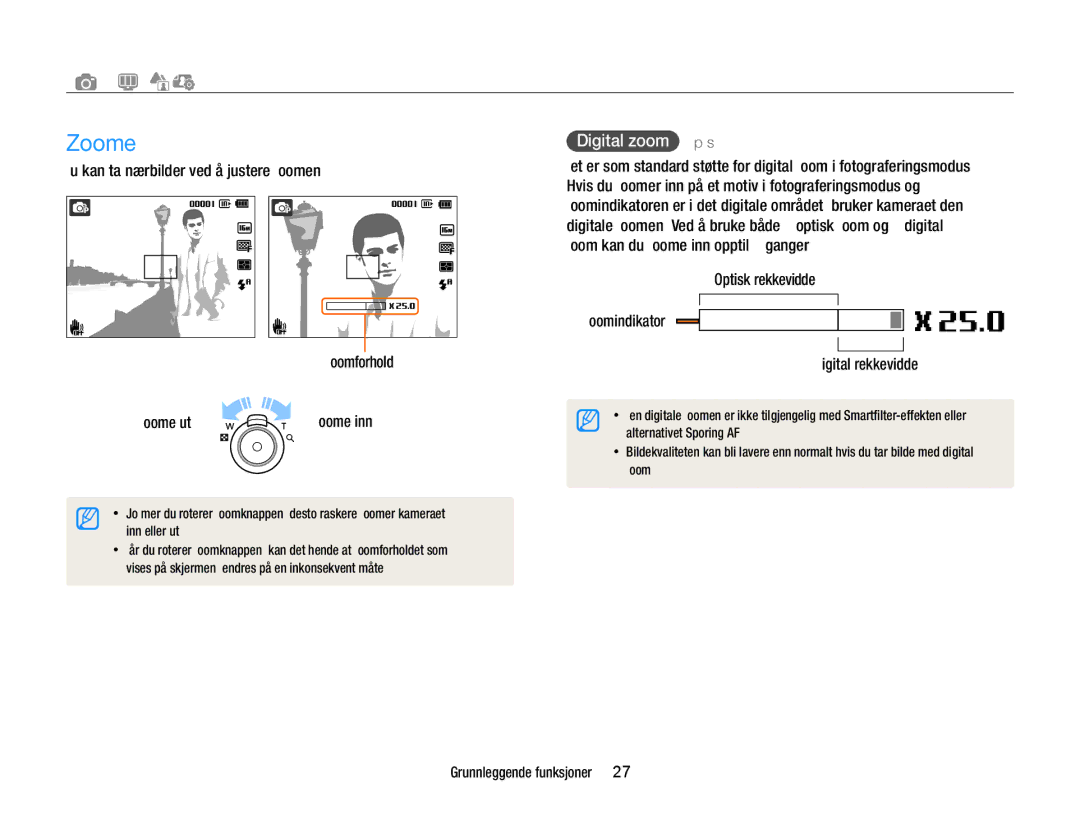Samsung EC-ST79ZZBPWE2 manual Zoome, Ta bilder, Digital zoom p s, Optisk rekkevidde Zoomindikator Digital rekkevidde 