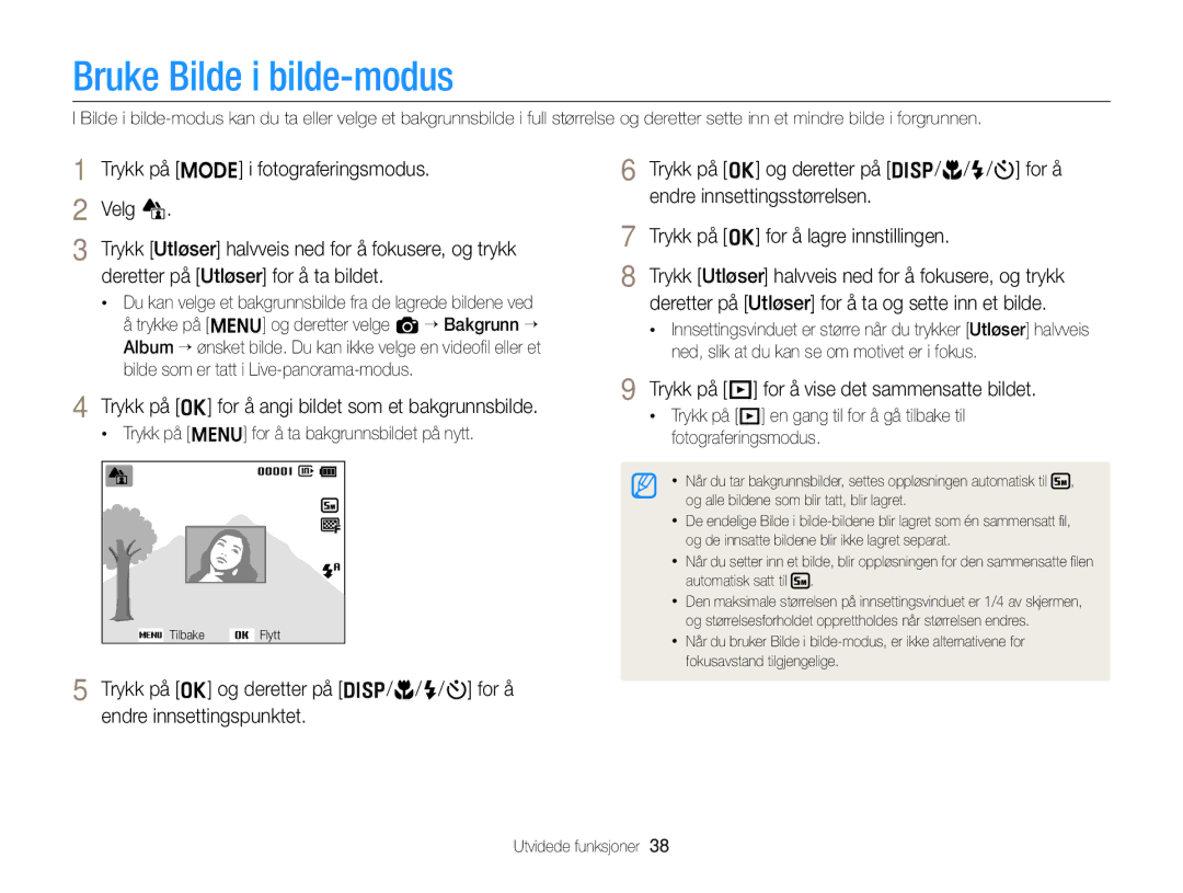 Samsung EC-ST76ZZBPLE2, EC-ST79ZZBPWE2 manual Bruke Bilde i bilde-modus, Trykk på o for å angi bildet som et bakgrunnsbilde 