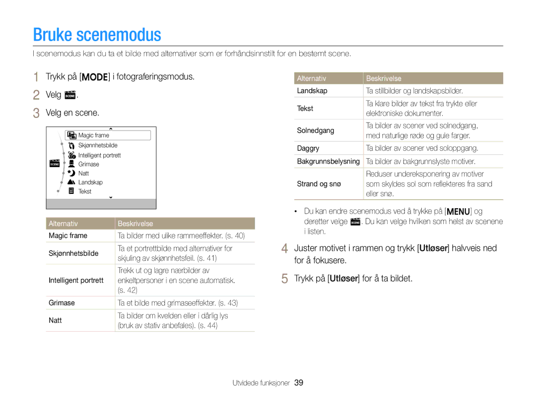 Samsung EC-ST79ZZFPWE2, EC-ST79ZZBPWE2 manual Bruke scenemodus, Trykk på M i fotograferingsmodus Velg s Velg en scene 
