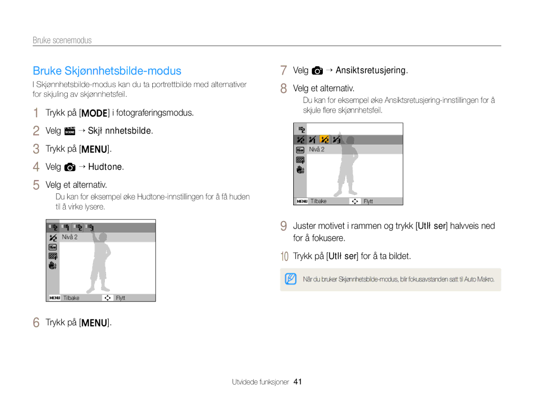 Samsung EC-ST79ZZBPWE2 manual Bruke Skjønnhetsbilde-modus, Trykk på m Velg a “ Ansiktsretusjering Velg et alternativ 