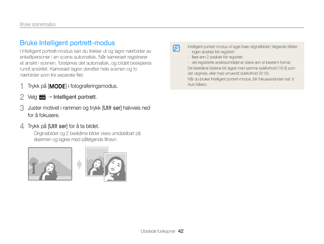 Samsung EC-ST76ZZFPWE2, EC-ST79ZZBPWE2, EC-ST76ZZBPRE2, EC-ST76ZZBPSE2, EC-ST76ZZFPLE2 manual Bruke Intelligent portrett-modus 