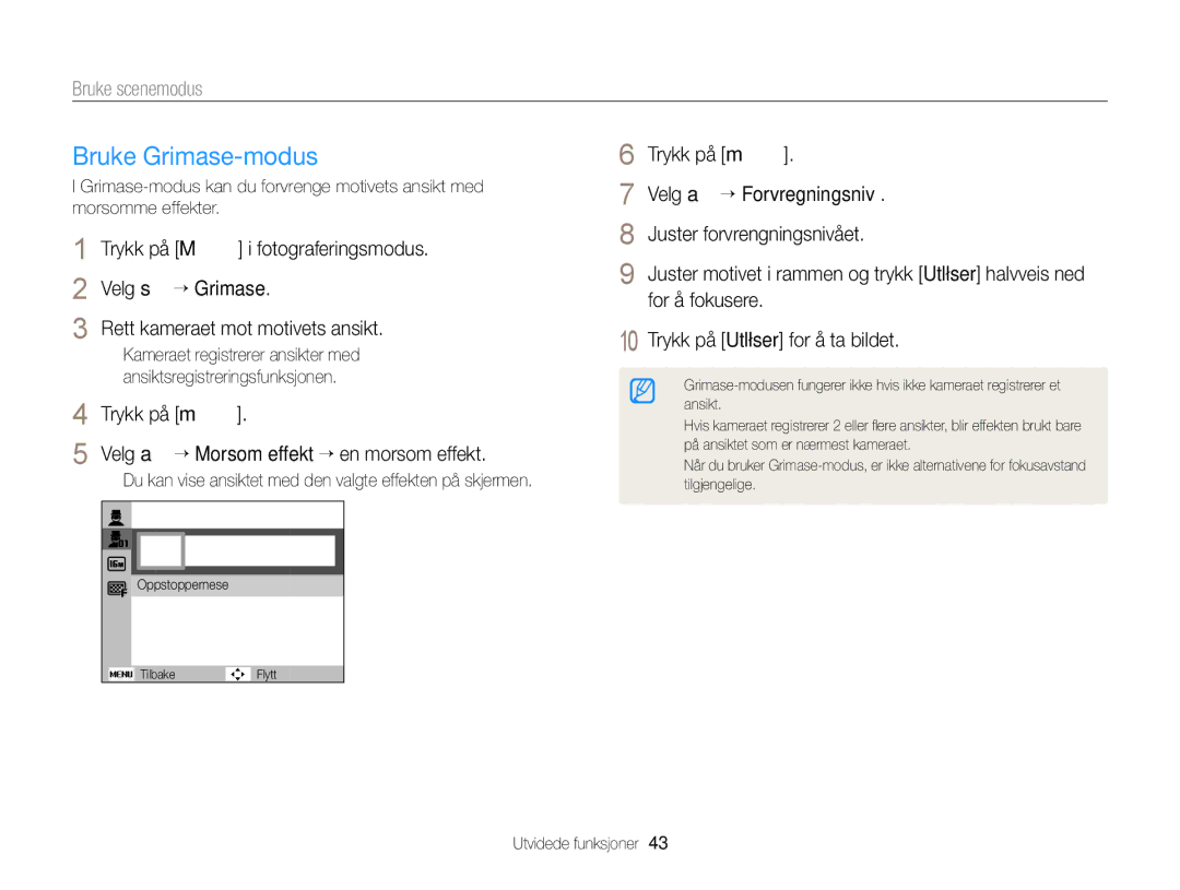 Samsung EC-ST76ZZBPRE2, EC-ST79ZZBPWE2, EC-ST76ZZFPWE2 manual Du kan vise ansiktet med den valgte effekten på skjermen 