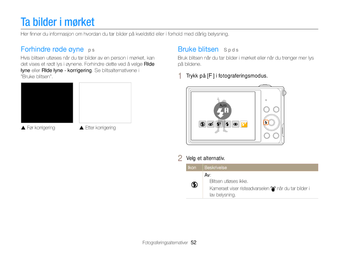 Samsung EC-ST76ZZBPLE2, EC-ST79ZZBPWE2, EC-ST76ZZFPWE2 Ta bilder i mørket, Forhindre røde øyne p s, Bruke blitsen S p d s 