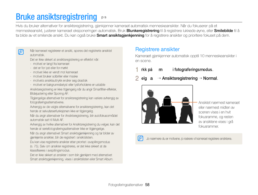 Samsung EC-ST76ZZBPSE2, EC-ST79ZZBPWE2, EC-ST76ZZFPWE2 manual Registrere ansikter, Av ansiktene vises i grå fokusrammer 