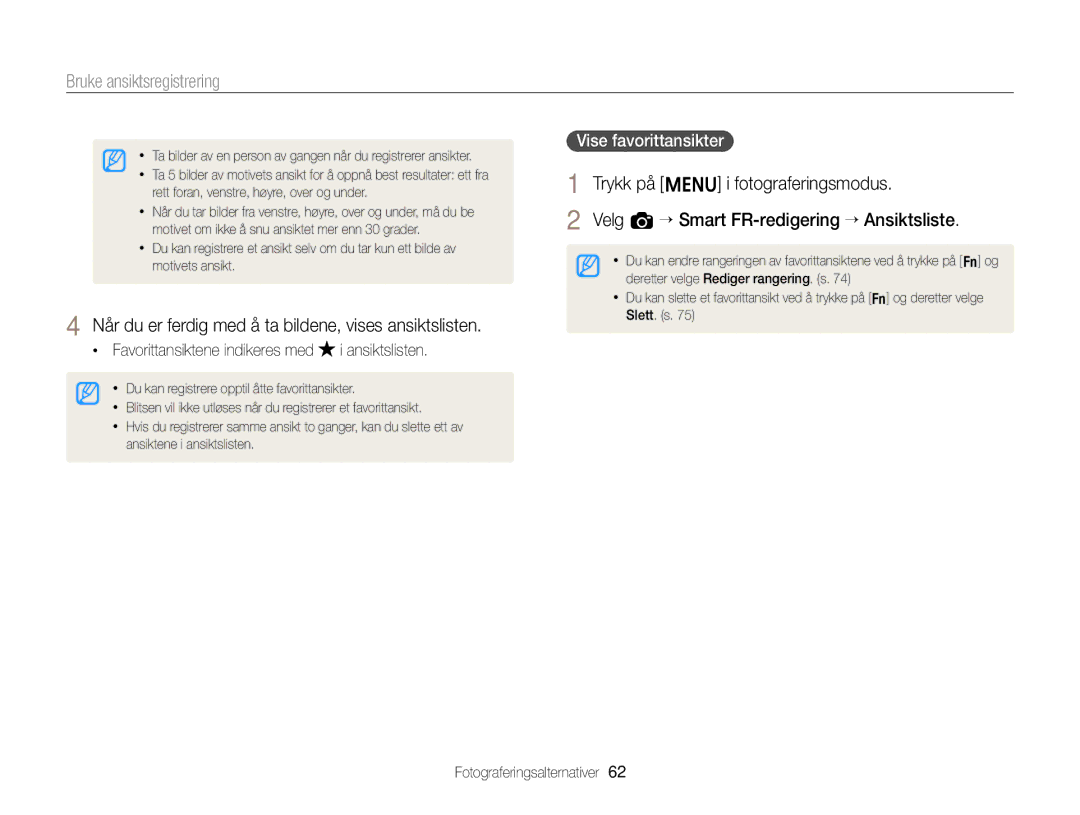 Samsung EC-ST77ZZBPRE2, EC-ST79ZZBPWE2 manual Når du er ferdig med å ta bildene, vises ansiktslisten, Vise favorittansikter 