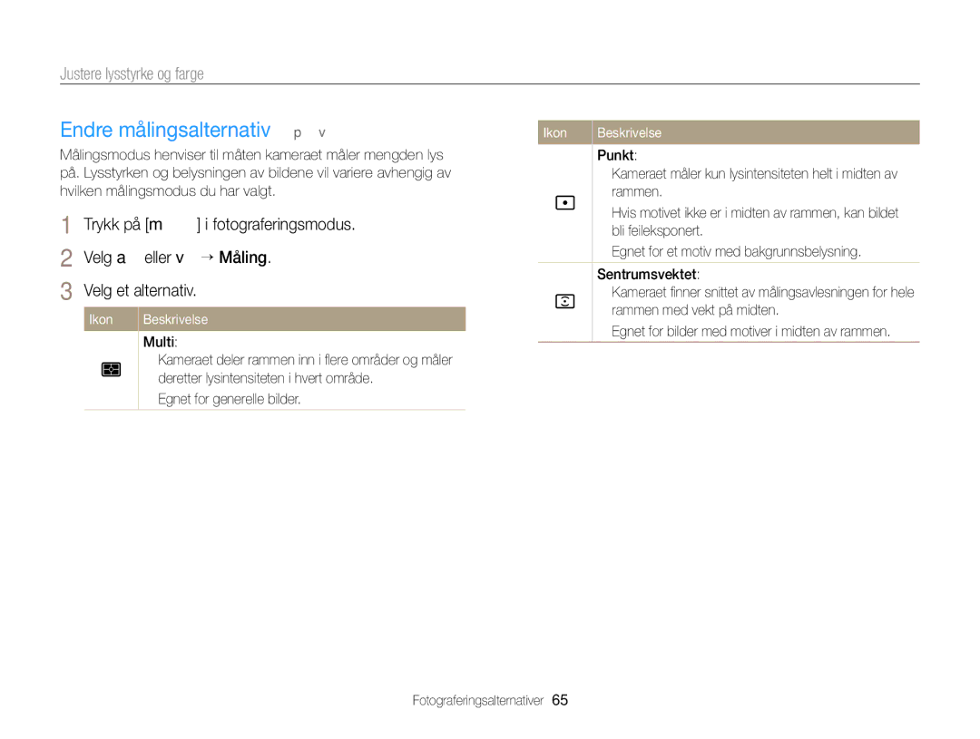 Samsung EC-ST79ZZBPBE2 manual Endre målingsalternativ p, Trykk på m i fotograferingsmodus, Velg a eller v “ Måling 