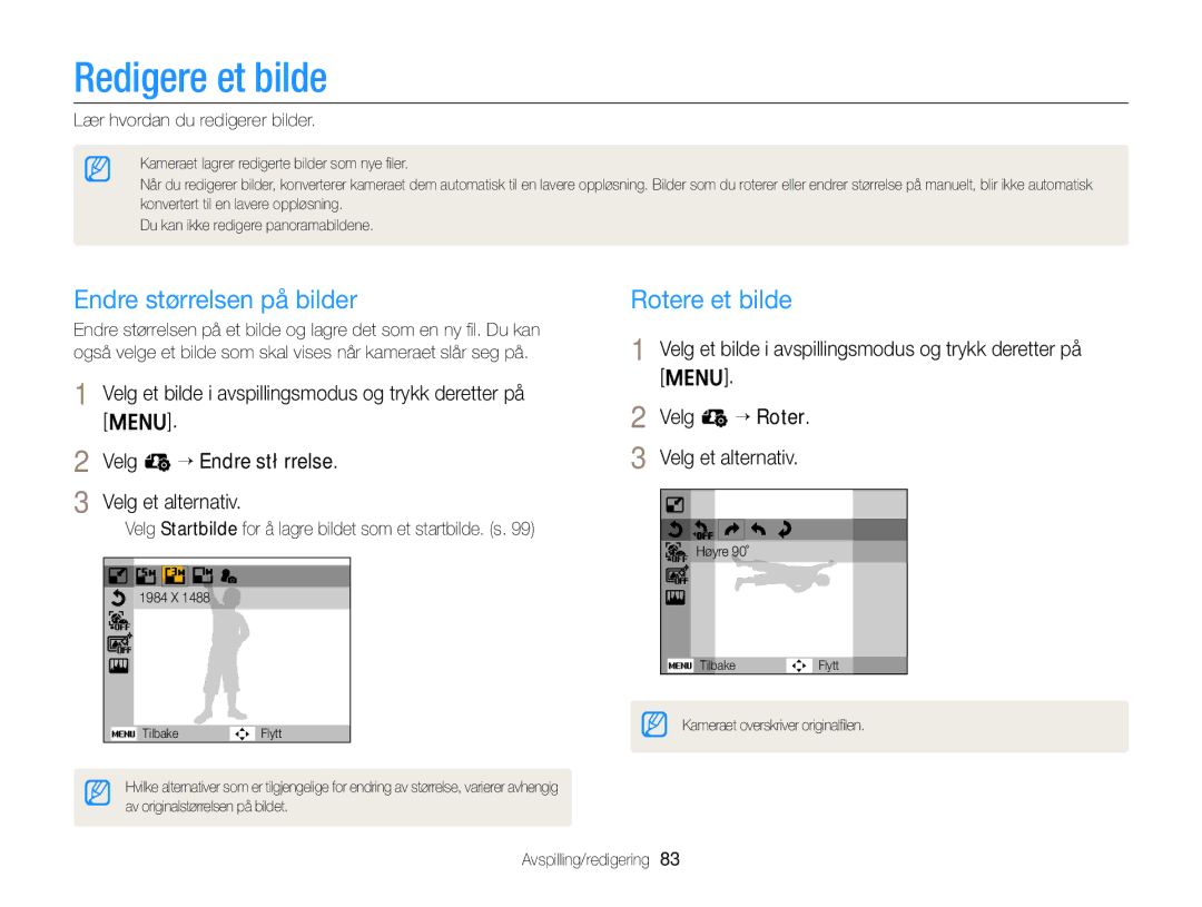 Samsung EC-ST79ZZBPWE2 Redigere et bilde, Endre størrelsen på bilder, Rotere et bilde, Lær hvordan du redigerer bilder 