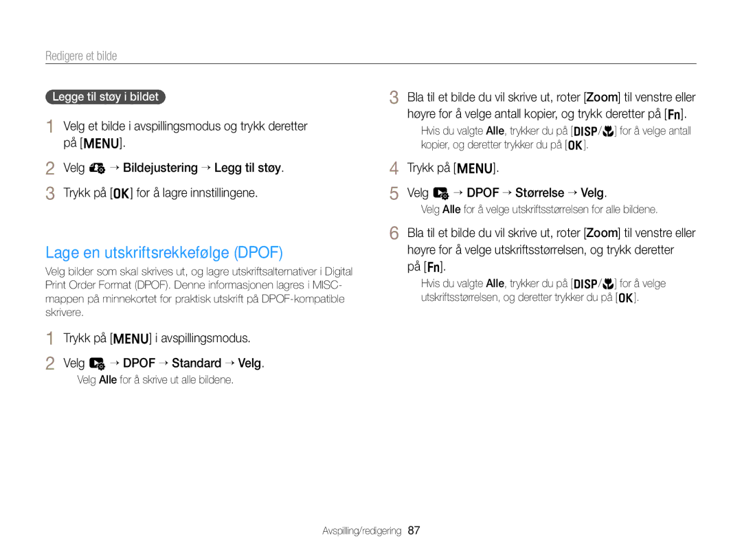 Samsung EC-ST76ZZFPLE2 manual Lage en utskriftsrekkefølge Dpof, Velg et bilde i avspillingsmodus og trykk deretter på m 