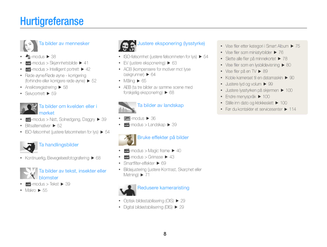 Samsung EC-ST76ZZBPWE2, EC-ST79ZZBPWE2 manual Hurtigreferanse, Ta bilder av mennesker Justere eksponering lysstyrke 