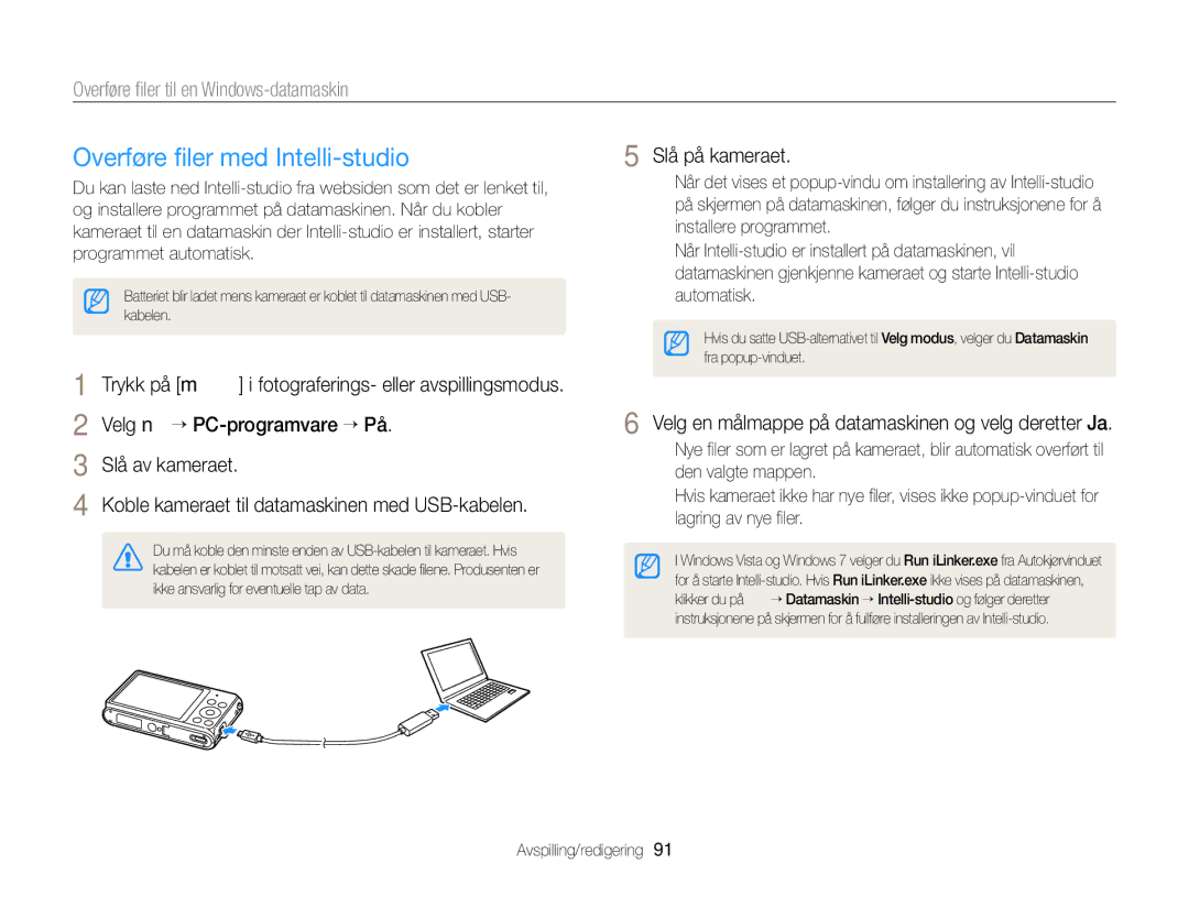 Samsung EC-ST79ZZFPBE2, EC-ST79ZZBPWE2 manual Overføre ﬁler med Intelli-studio, Overføre ﬁler til en Windows-datamaskin 