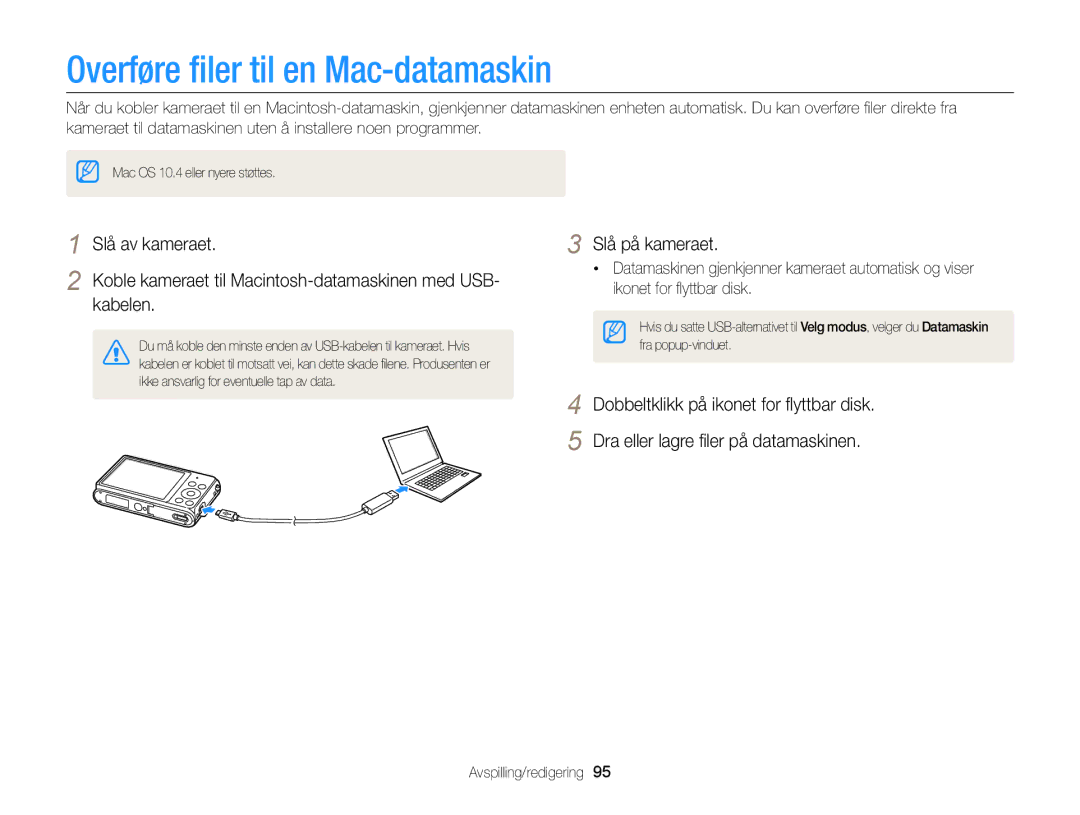 Samsung EC-ST79ZZFPWE2, EC-ST79ZZBPWE2, EC-ST76ZZFPWE2, EC-ST76ZZBPRE2, EC-ST76ZZBPSE2 Overføre ﬁler til en Mac-datamaskin 