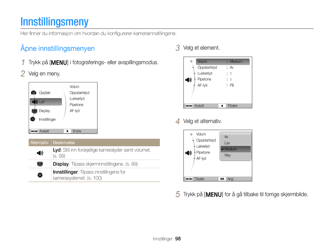 Samsung EC-ST76ZZFPWE2 Innstillingsmeny, Åpne innstillingsmenyen, Trykk på m i fotograferings- eller avspillingsmodus 