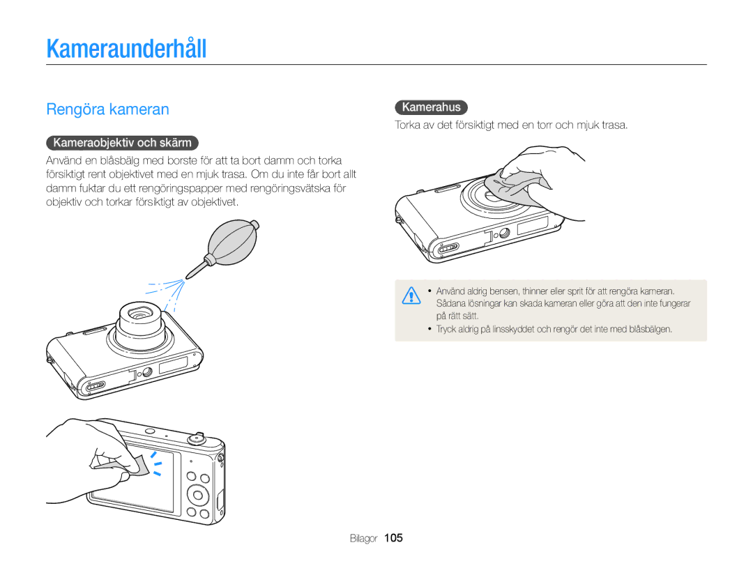 Samsung EC-ST79ZZFPBE2, EC-ST79ZZBPWE2 manual Kameraunderhåll, Rengöra kameran, Kameraobjektiv och skärm, Kamerahus 