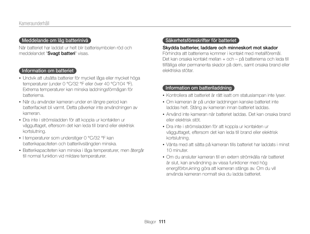 Samsung EC-ST79ZZBPWE2 manual Meddelande om låg batterinivå, Information om batteriet, Säkerhetsföreskrifter för batteriet 