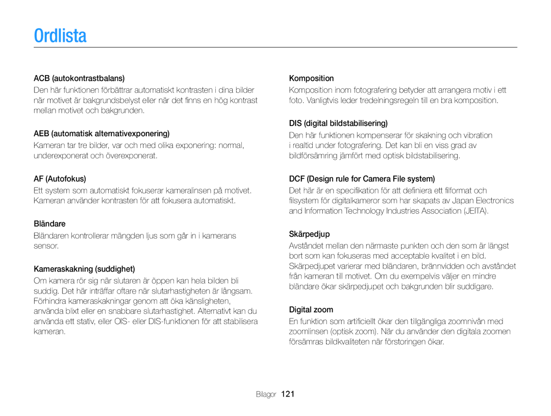 Samsung EC-ST79ZZBPBE2 manual Ordlista, DIS digital bildstabilisering, DCF Design rule for Camera File system, Skärpedjup 