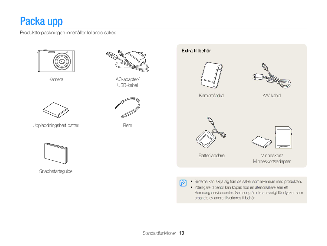 Samsung EC-ST79ZZBPWE2, EC-ST76ZZFPWE2 manual Packa upp, KamerafodralA/V-kabel Uppladdningsbart batteri, Standardfunktioner 