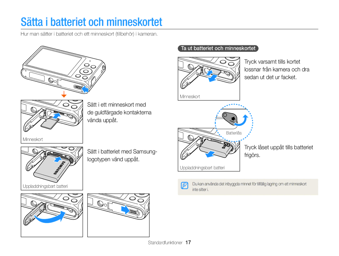 Samsung EC-ST76ZZFPLE2 manual Sätta i batteriet och minneskortet, Tryck låset uppåt tills batteriet frigörs, Minneskort 