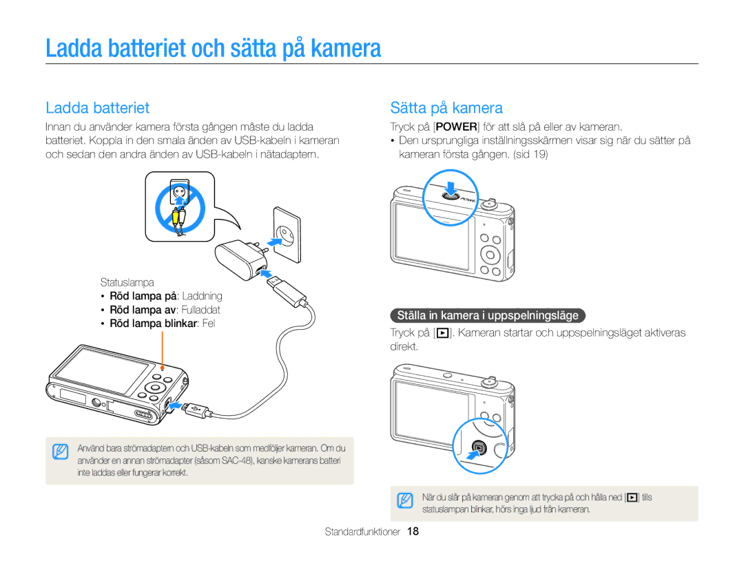 Samsung EC-ST77ZZBPWE2 manual Ladda batteriet och sätta på kamera, Sätta på kamera, Ställa in kamera i uppspelningsläge 