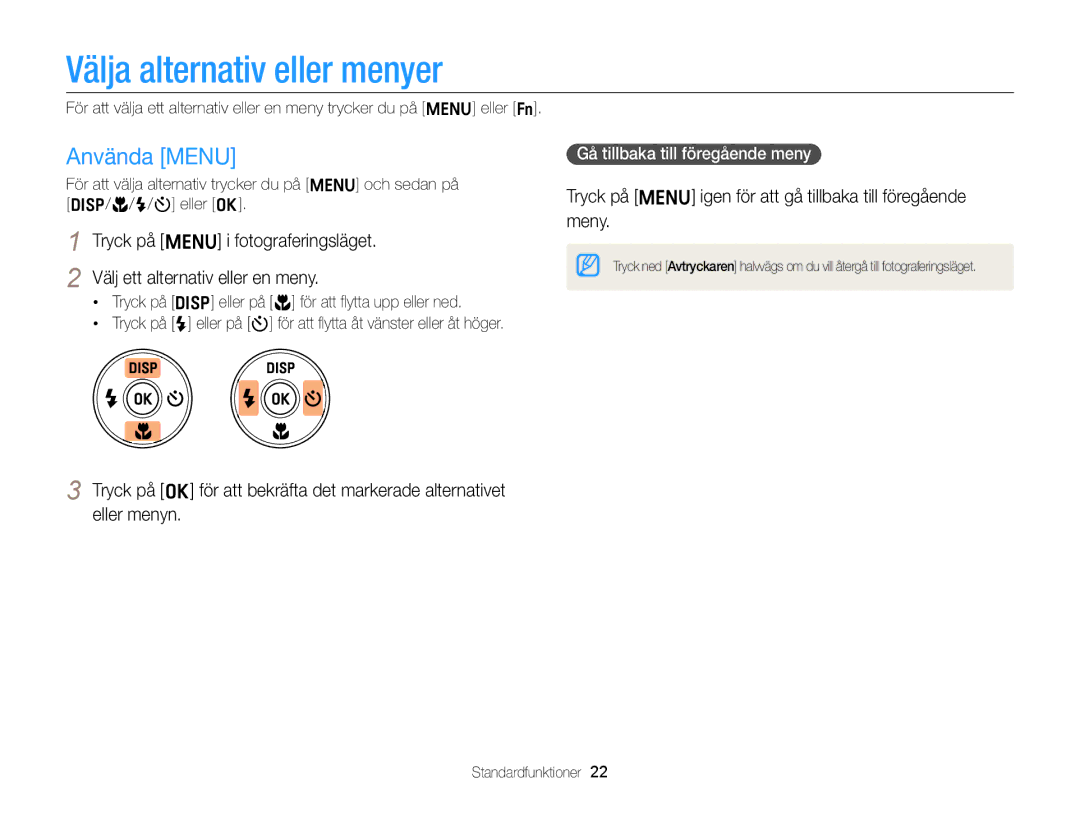 Samsung EC-ST76ZZBPWE2, EC-ST79ZZBPWE2 manual Välja alternativ eller menyer, Använda Menu, Gå tillbaka till föregående meny 