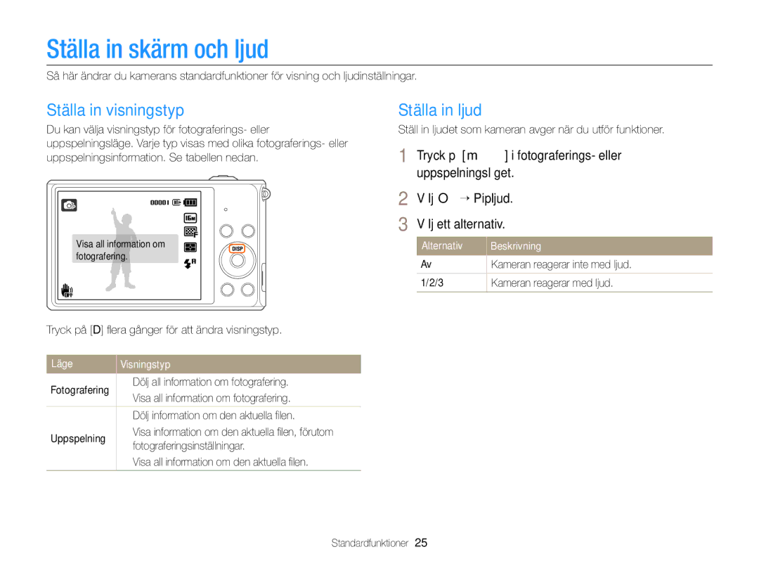 Samsung EC-ST79ZZFPWE2, EC-ST79ZZBPWE2 Ställa in skärm och ljud, Ställa in visningstyp, Ställa in ljud, Läge Visningstyp 