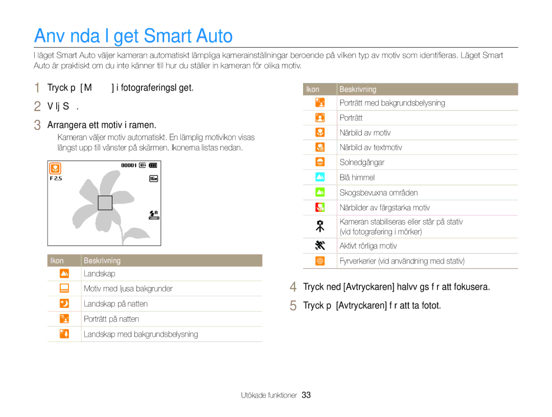 Samsung EC-ST76ZZBPBE2 manual Använda läget Smart Auto, Tryck på M i fotograferingsläget, Arrangera ett motiv i ramen 