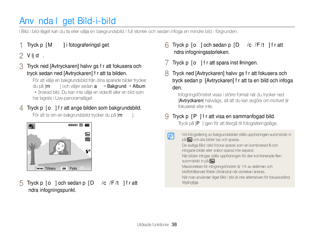 Samsung EC-ST76ZZBPLE2, EC-ST79ZZBPWE2, EC-ST76ZZFPWE2 Använda läget Bild-i-bild, Tryck på M i fotograferingsläget Välj d 