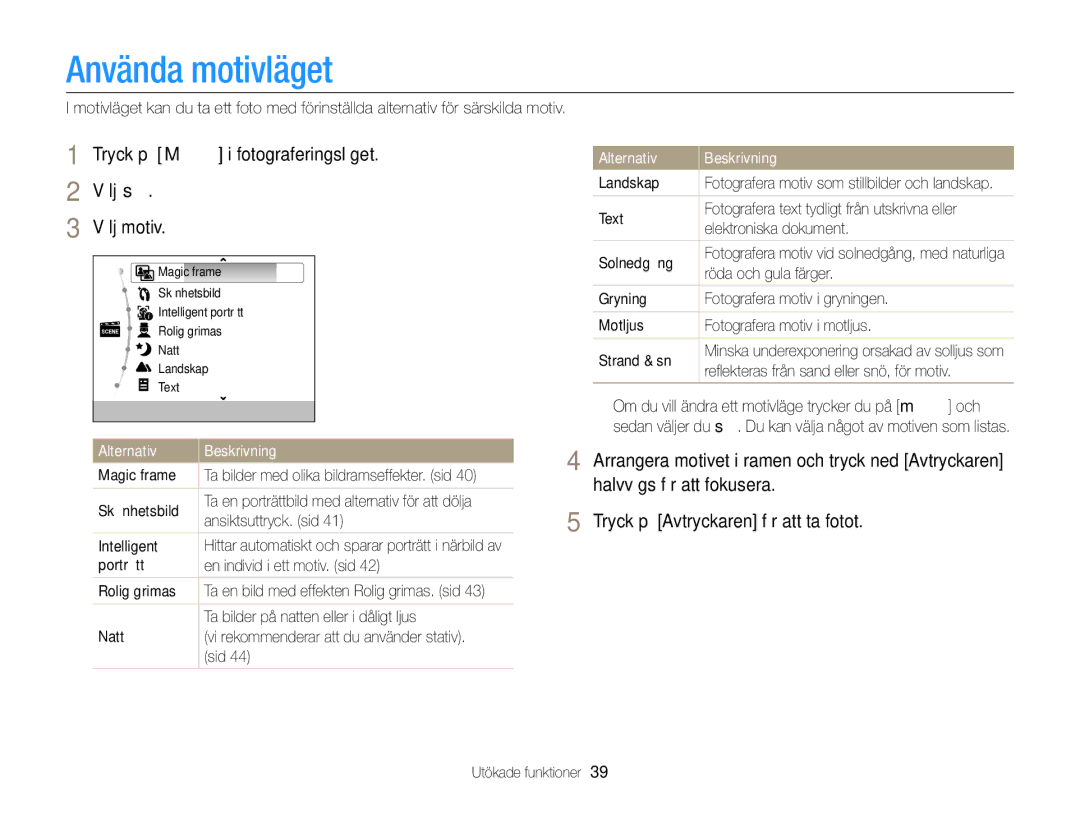 Samsung EC-ST79ZZFPWE2, EC-ST79ZZBPWE2 manual Använda motivläget, Tryck på M i fotograferingsläget Välj s Välj motiv 